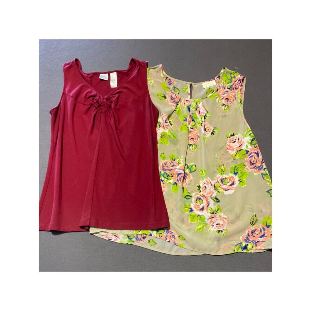 2 TOPS Bobbie Brooks Floral Tank Top/Emma James Maroon Sleeveless Size‎ 1XL